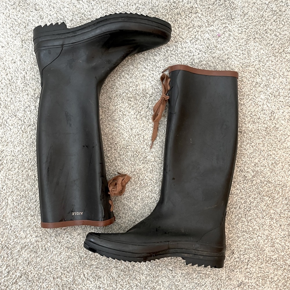 Aigle Women’s Black Rainboots with Brown tie, size 9.5, made in France